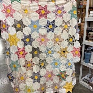 Handmade Star Patchwork Quilt in Multi-Color and White - Unfinished